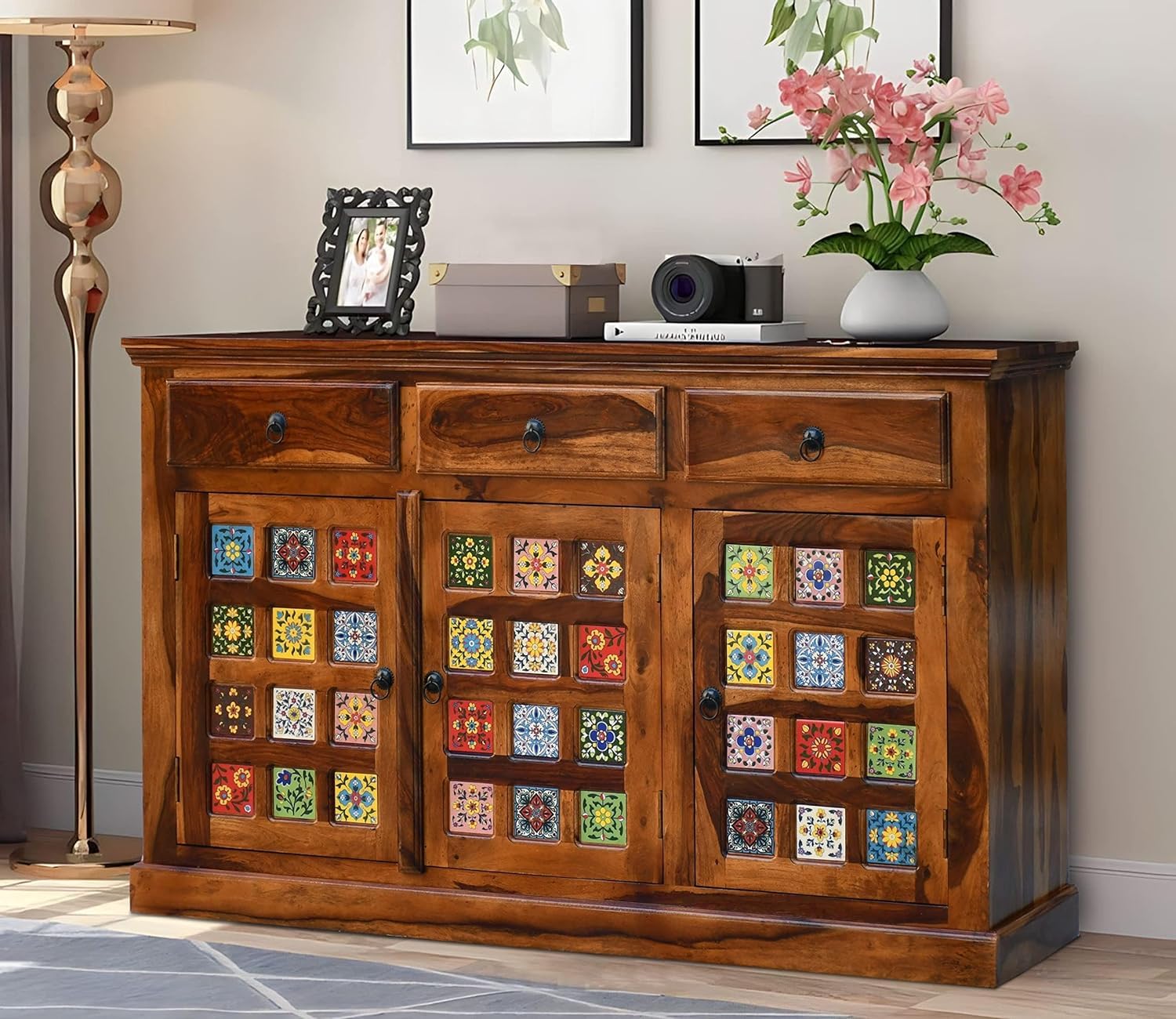 Pooja Art & Craft Solid Sheesham Wood Sideboard Tv Cabinet for Living Room | Free Standing Movable Tv Unit Side Board Table with 3 Drawer & 2 Cabinet Storage Furniture for Home | Honey Finish