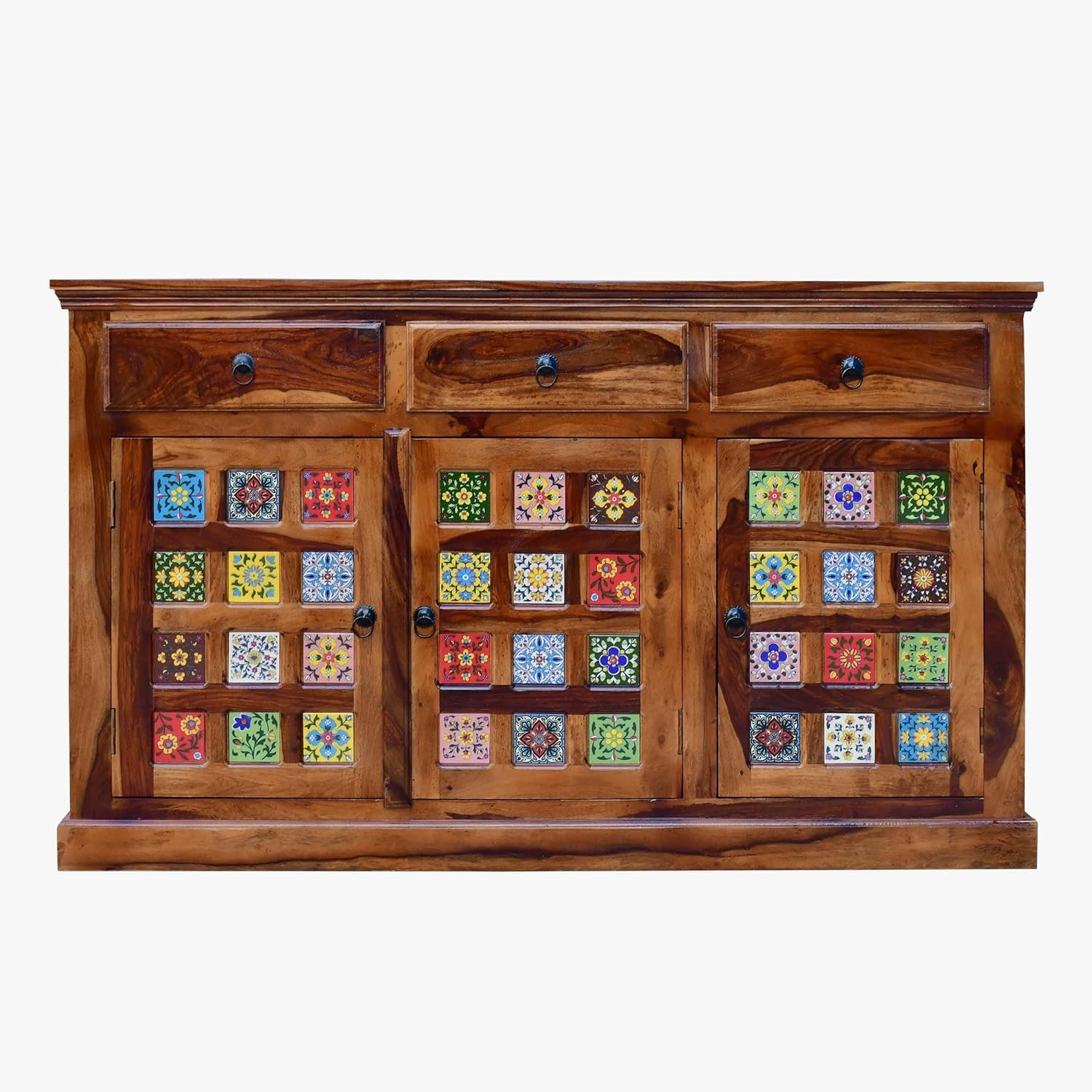 Pooja Art & Craft Solid Sheesham Wood Sideboard Tv Cabinet for Living Room | Free Standing Movable Tv Unit Side Board Table with 3 Drawer & 2 Cabinet Storage Furniture for Home | Honey Finish | Online Shop