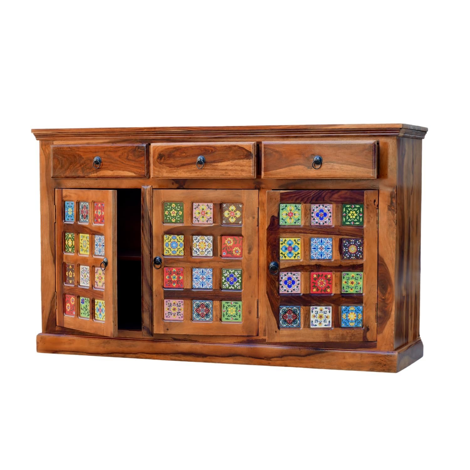 Pooja Art & Craft Solid Sheesham Wood Sideboard Tv Cabinet for Living Room | Free Standing Movable Tv Unit Side Board Table with 3 Drawer & 2 Cabinet Storage Furniture for Home | Honey Finish | Online Shop