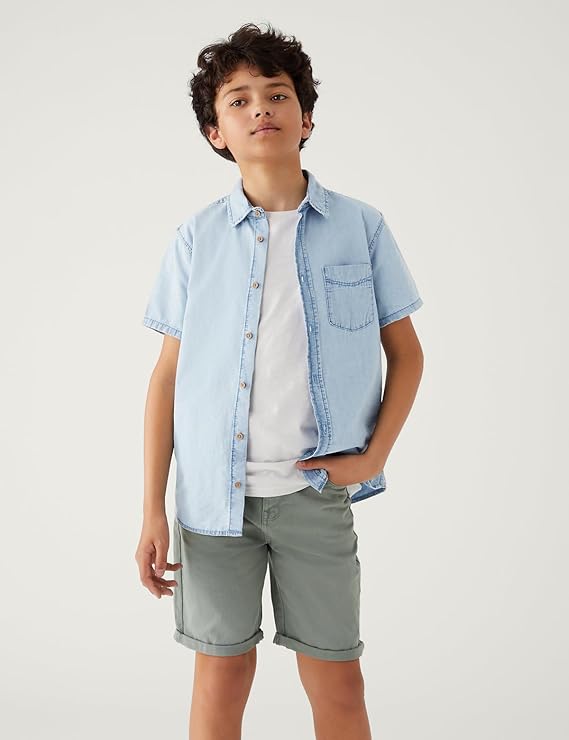 Marks & Spencer Boys Solid Cotton Collared Neck Regular Fit Shirt | Online Shop