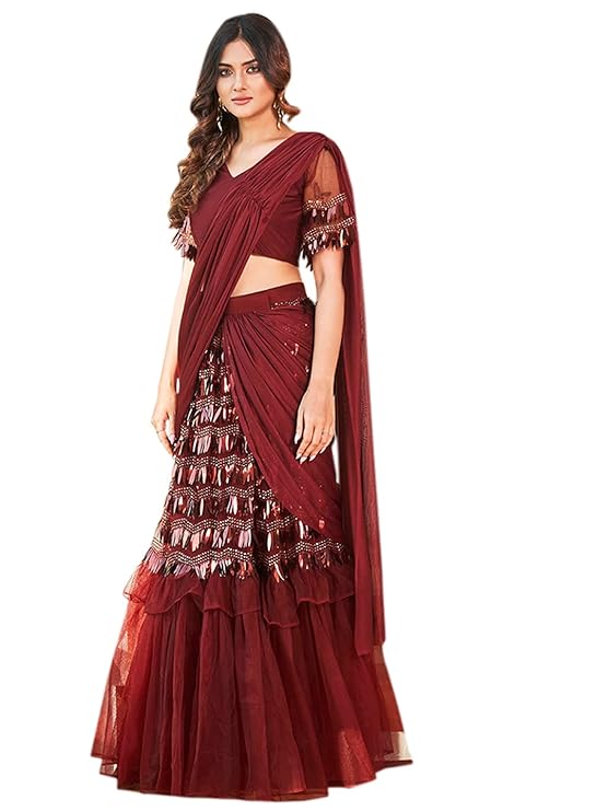 Womanista Women\'s Sequinned Net Ready to Wear Saree (TI3014_Maroon)