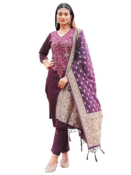 Womanista Women\'s Poly Silk Embroidery Kurta Trouser with Dupatta Set