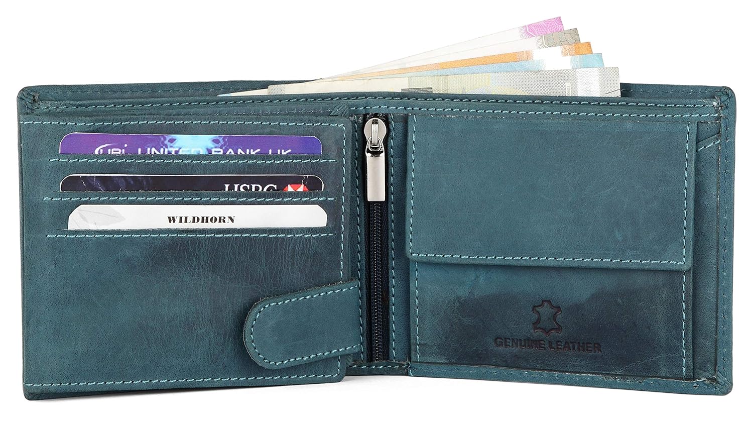 WildHorn Blue Leather Wallet for Men I 9 Card Slots I 2 Currency & 2 Secret Compartments I 1 Zipper & 3 ID Card Slots | Online Shop