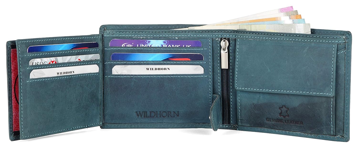 WildHorn Blue Leather Wallet for Men I 9 Card Slots I 2 Currency & 2 Secret Compartments I 1 Zipper & 3 ID Card Slots | Online Shop