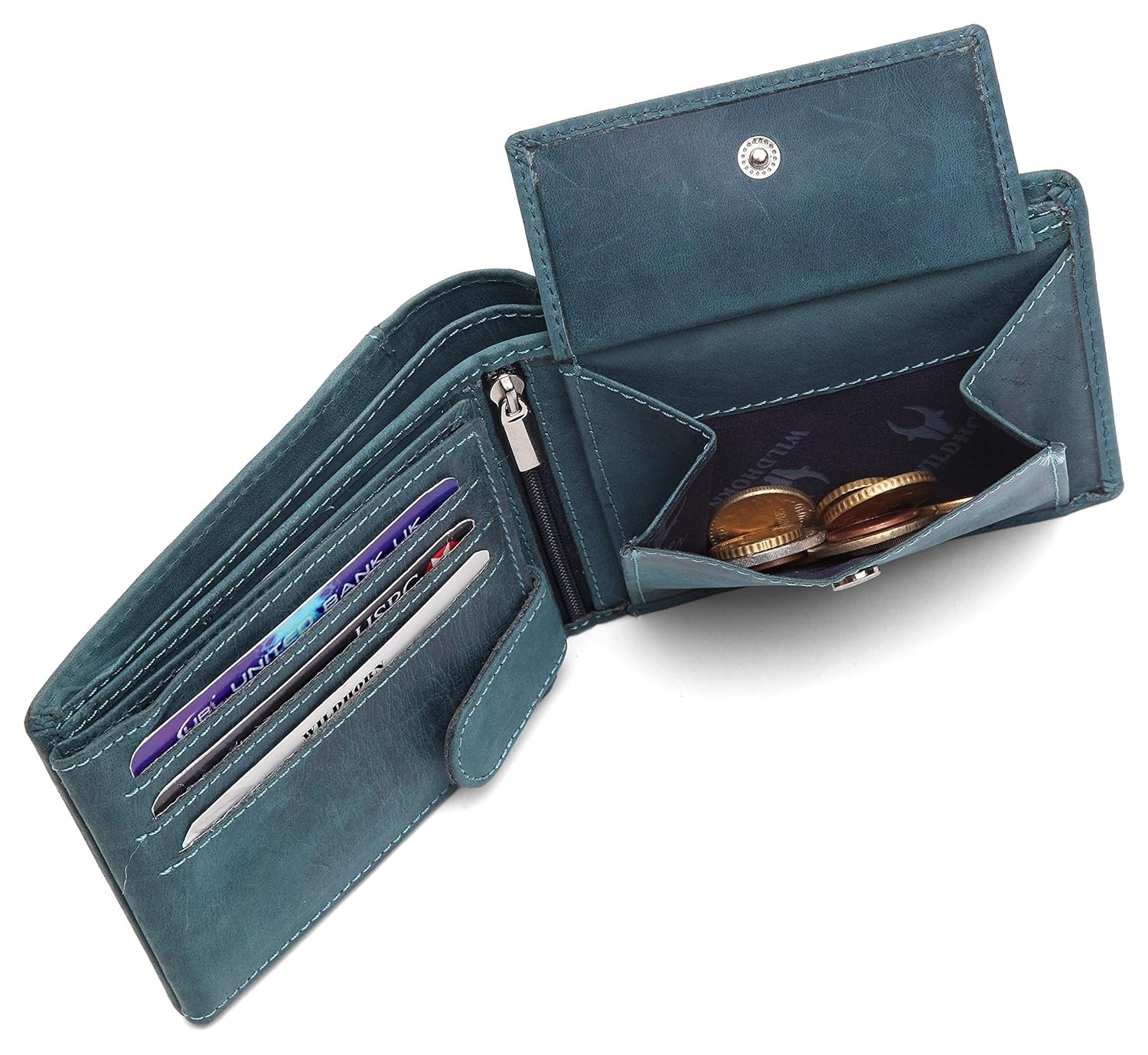 WildHorn Blue Leather Wallet for Men I 9 Card Slots I 2 Currency & 2 Secret Compartments I 1 Zipper & 3 ID Card Slots | Online Shop